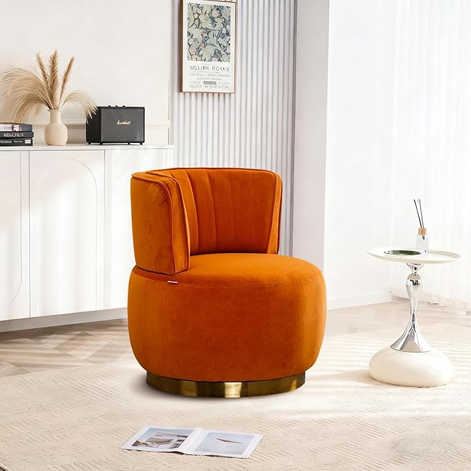 360 Degree Swivel Accent Chair Comfy Round Swivel Barrel Chair with Mental Base Upholstered Cozy Reading Armchairs Modern Lounge Sofa Chairs for Living Room Bedroom Club Office(Velvet Orange)