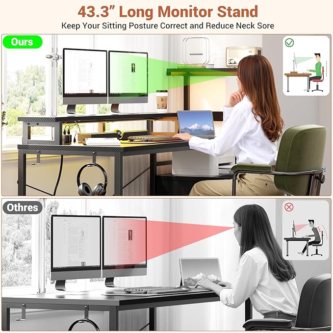 Aheaplus Gaming Desk with LED Strip &amp Power Outlet 59Inch Reversible Computer Desk with Monitor Stand &amp Storage Shelves Home Office Desks with Fabric File Drawer PC Gamer Table Carbon Fibe