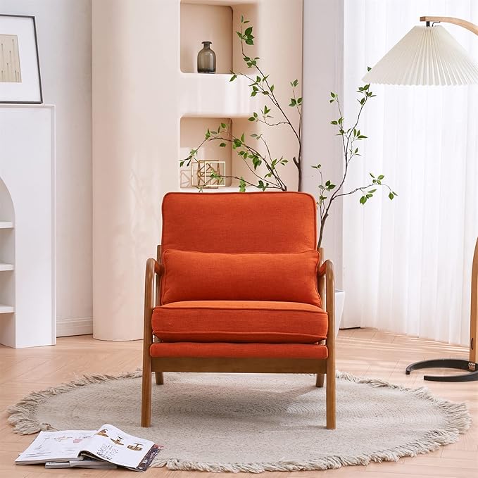 i-POOK Accent Chair Mid-Century Linen Fabric Upholstered Armchair with Pillow and Back Cushion Comfy Single Sofa Chair with Solid Wood Legs Reading Chair for Living Room Bedroom Office Burnt Orange