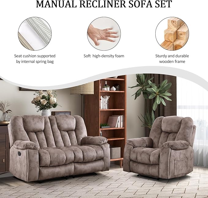 CANMOV Manual Recliner Loveseat 2 Seat Recliner Sofa Chair with Overstuffed Armrest and BackrestSoft Fabric Reclining Couch Living Room Set with Hidden Cup Holders for Adults Elderly Apricot
