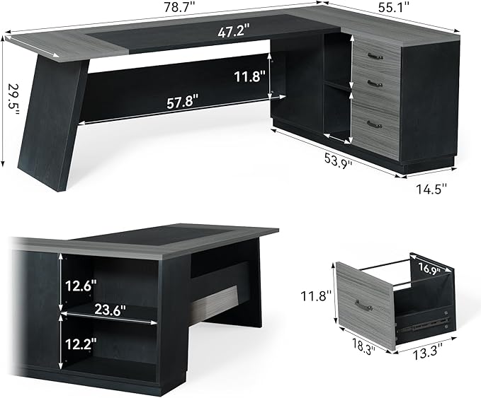 LITTLE TREE 78-Inch Executive Office Desk with File Cabinet Large Modern Corner Office Desk for Home Office 3-Drawer Wood File Cabinet Spacious Workstation for Home Office (Grey &amp Black)