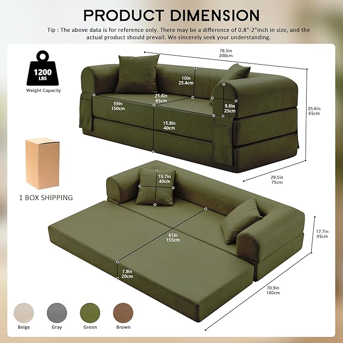 78.5 Convertible Sleeper Sofa Bed Faux Leather Deep Seat Folding Floor Sofa with Pullout Bed &amp 2 Pillows No Assembly Modern Boneless Couch Compression Sofa in Box for Living Room Office Green