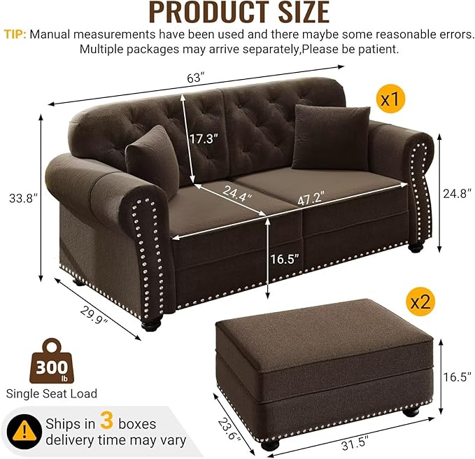 63 Velvet Chesterfield Sofa with Rolled Arms &amp Nailhead Trim Tufted Mid-Century Modern Couch for Living Room Includes 2 Pillows Brown Upholstered Sectional Sofa with 2 Ottomans