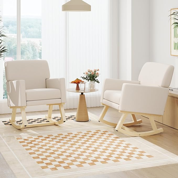 Giantex Upholstered Rocking Chair Nursery Rocking Chair w/Widened Back Machine-Washable Seat Cushion Cover Solid Rubber Wood Frame Glider Rocker Accent Chair for Living Room Bedroom Beige