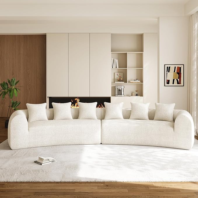 157 Oversized Curved Sectional Sofa Cloud Comfort Design with Wide Armrests Premium Chenille High-Density Foam Modern Curved Couch for Living Room with 6 Pillows No Assembly Beige
