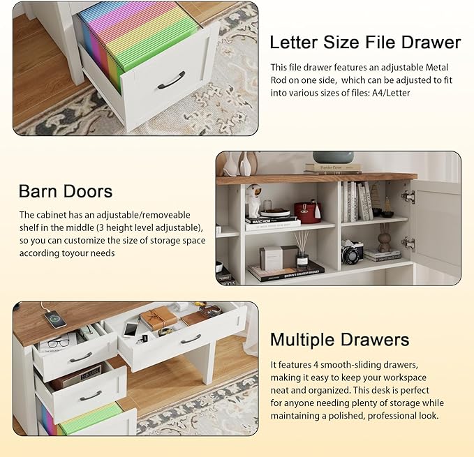 Farmhouse 67 H Executive Desk with HutchOffice Table with 4 Drawers and LED light Computer Desk with Storage Cabinet &amp File Drawers and Charging Station Wood Workstation for Home Office and St