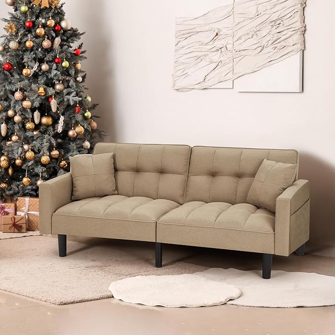 AVAWING Futon Sofa Bed Modern Linen Fabric Convertible Upholstered Couch with Adjustable Back Arms and High Strength Nylon Legs for Living Room Apartment Office (Khaki)