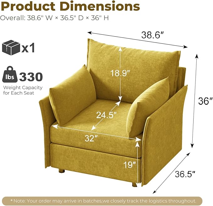 ABCASA Oversized Accent Chair Set of 2 Upholstered Modern Living Room Chair 24.5 Deep Seat Reading Chair Yellow Mid-Century Pet-Friendly Removable Backrest Cover Comfy Chenille Bedroom Armchair