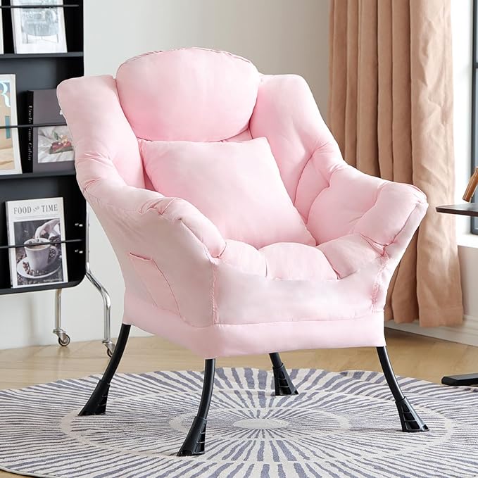 Lazy Chair for Living Room Large Pink Accent Chair with a Throw Pillow Leisure Sofa Chair Set Comfy Reading Chair for Bedroom Dorm Room Office