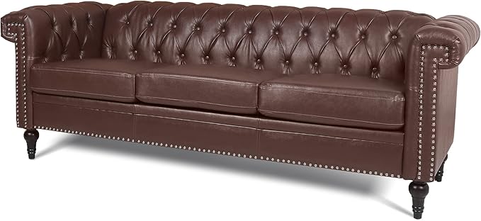 83.66''Chesterfield Sofa Mid Century Modern Tufted Sofas with Rolled Arms and Nailhead 3-Seat Upholstered Leather Sofa Couch with Solid Wood Legs for Living Room Office Dark Brown PU