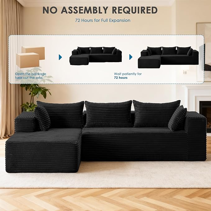 107 Cloud Couch Modular Sectional L Shaped Couch with Chaise Deep Seat Sofa Fluffy Corduroy Couches Boneless Couch for Living Room Black Left Facing Chaise