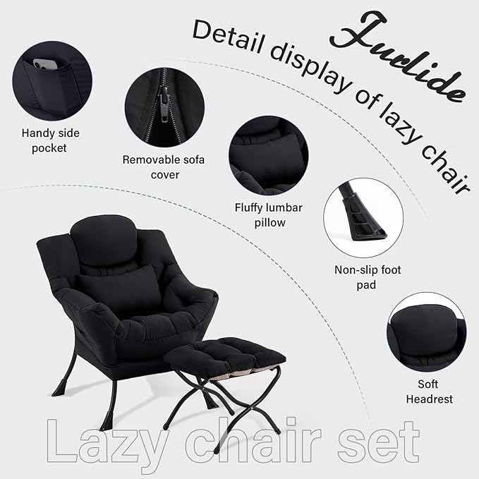 Lazy Chair with Ottoman Comfy Fabric Accent Lounge Arm Chair with Lumbar Pillow and Folding Footrest Reading Leisure Sofa Chair for Bedroom Living Room DormBlack