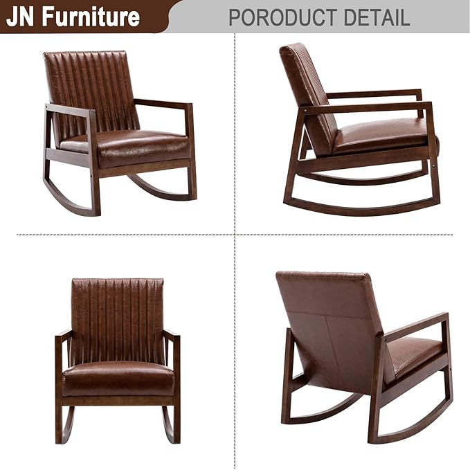 VESCASA Upholstered Rocking Chairs with Channel-Tufted Back Mid-Century Modern Comfy Oil Wax PU Leather Rockers with Black Walnut Wood Frame for Nursery Living Bedroom Indoor Set of 2 Brown