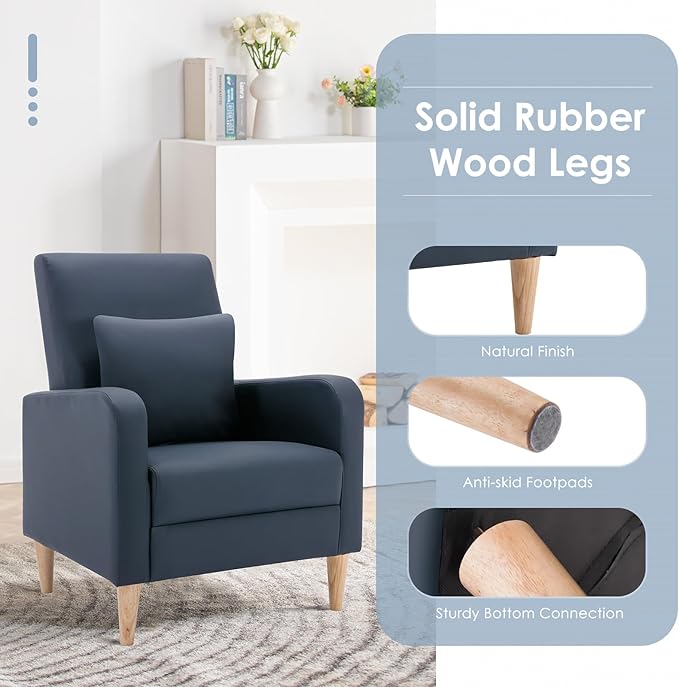 COLAMY Mid-Century Modern Upholstered Accent Chair with Back Pillow &amp Solid Wood Legs Leather Cozy Armchair for Living Room Bedroom Reading Nook Apartment &amp Small Spaces Blue