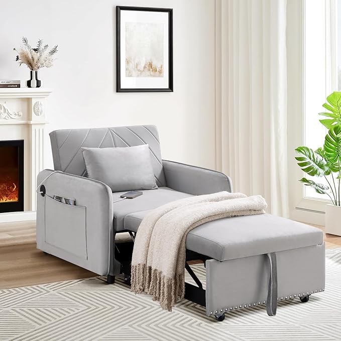 Convertible Sleeper Chair Bed3 in 1 Velvet Tufted Upholstered Single Sleeper Sofa with Adjustable Backrest&ampUSB PortPull Out Recliner Lounger Bed for Living RoomOfficeApartmentSmall Space(Grey