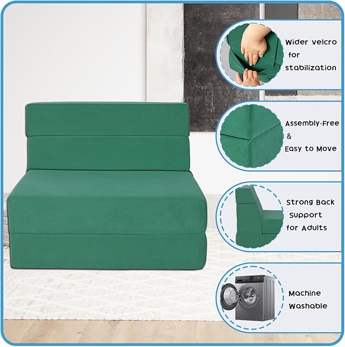 Folding Sofa Bed 4 in 1 Convertible Sleeper Chair with Washable Cover Memory Foam Fold Out Chair Bed Foldable Mattress with Back Support for Living Room Dorm Guest Room Home Office Green | Fold