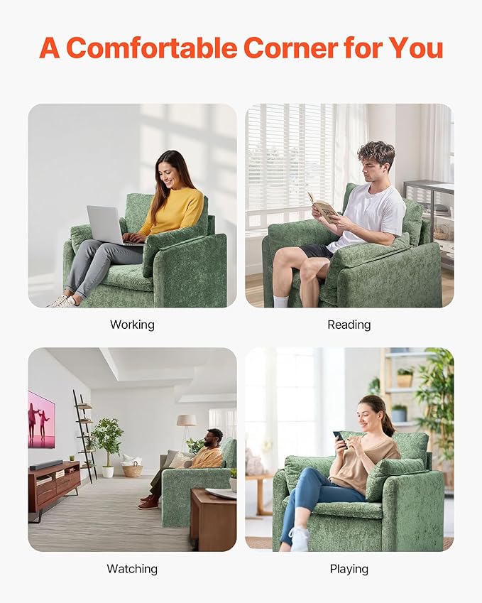 VEVOR Oversized Accent Chair Armchair with Padded Arms Comfy Single Sofa Chair Modern Reading Lounge Chairs for Living Room Bedroom Green
