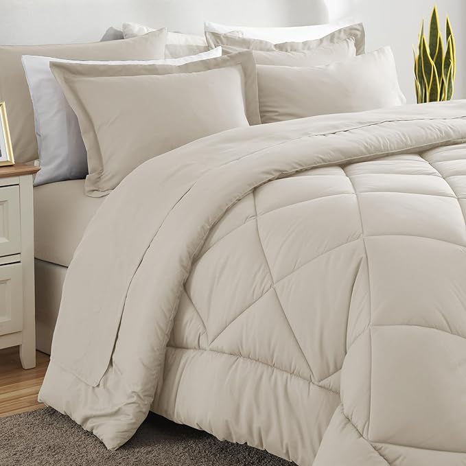 CozyLux King Size Comforter Set Beige - 7 Pieces Bed in a Bag King Luxury Soft Bed Set for All Seasons Bedding Set with Down Alternative Comforter Sheets Pillowcases &amp Shams