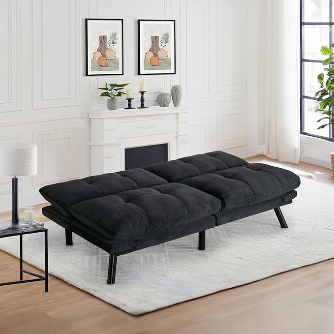 Convertible Velvet Futon Sofa Bed Comfy 72 L Sleeper Couch with Thicker Cushion Upholstered Modern Reclining Loveseat Folding Sofa for Small Living Room Dorm Apartment Office Deep Black
