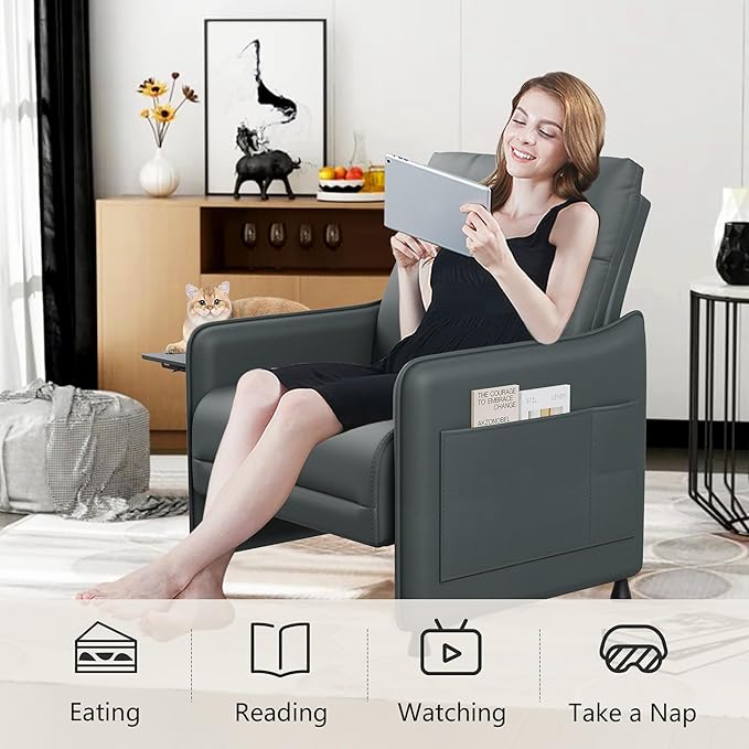 Alunaune Upholstered Living Room Chair Armchair Mid Century Accent Chair Reception Couch Slipper Club Lounge Chair Guest Comfy Single Sofa with Sidetable for Bedroom-Grey