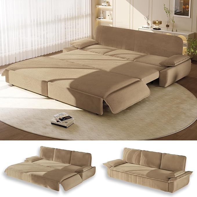 94.5 Pull Out Couch King Size Futon Sofa Bed 3-in-1 Convertible Sleeper Sofa Bed with Cushion Armrest Modern Corduroy Loveseat Couches for Living Room Small Space Apartment Camel