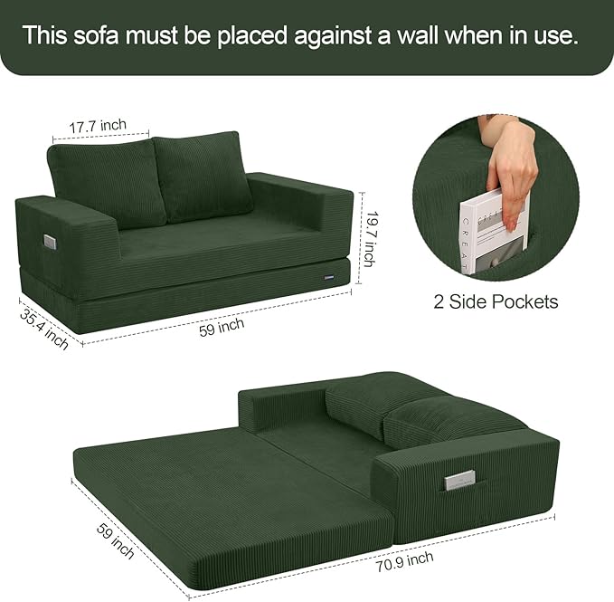 COMAX Convertible Sofa Bed Queen Folding Fold Out Couch Bed Floor Futon Couch Corduroy Sleeper Mattress with Back Pillows Boneless Sofa Comfy Lounge Loveseat for Living Room Bedroom Green