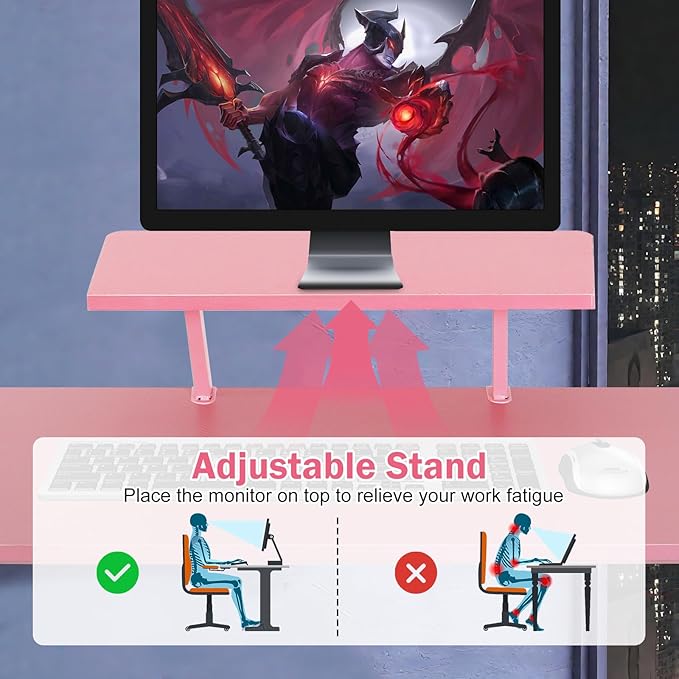 51 Inch L Shaped Gaming Desk Corner Computer Desk with Detachable Monitor Stand for Home Office Learning Gaming WorkstationPink