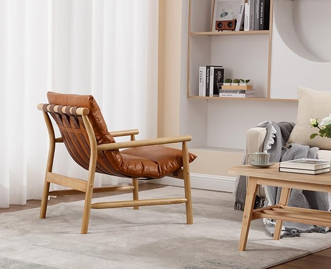 Kmax Modern Sling Accent Chair Upholstered PU Leather Living Room Chair Comfy Lounge Chair Solid Arm Chair for Reading Room Backyard Brown