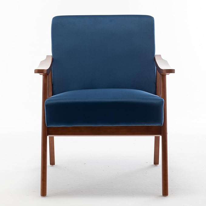 Mid Century Modern Accent ChairComfy Fabric Reading Chair with Retro Solid Wood Frame &amp High Back Upholstered Lounge Arm Side Chair for Living Room Bedroom Balcony (Navy Linen)