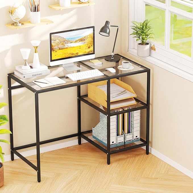 GOFLAME Computer Desk with Shelves 42” Home Office Desk with Metal Frame Tempered Glass Study Writing Table Modern Simple PC Desk for Living Room Bedroom (Black)