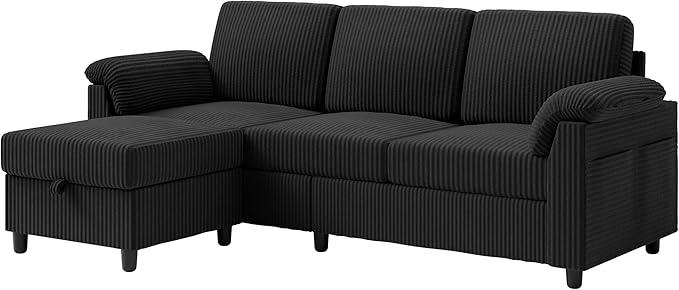 Vongrasig Convertible Sectional Couches 3 Seat L Shaped Couch Sofa with Removable Pillows Soft Corduroy Fabric Small Couch Mid Century for Living Room Apartment and Office Black