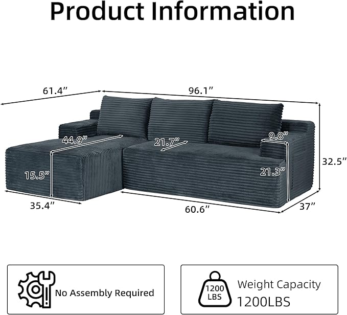Boneless Couch Corduroy Cloud Sofa 96'' Sectional Couches Deep Seat L-Shaped Sofa No Assembly Pet-Friendly Apartment Couch for Living Room Small Spaces in a Box