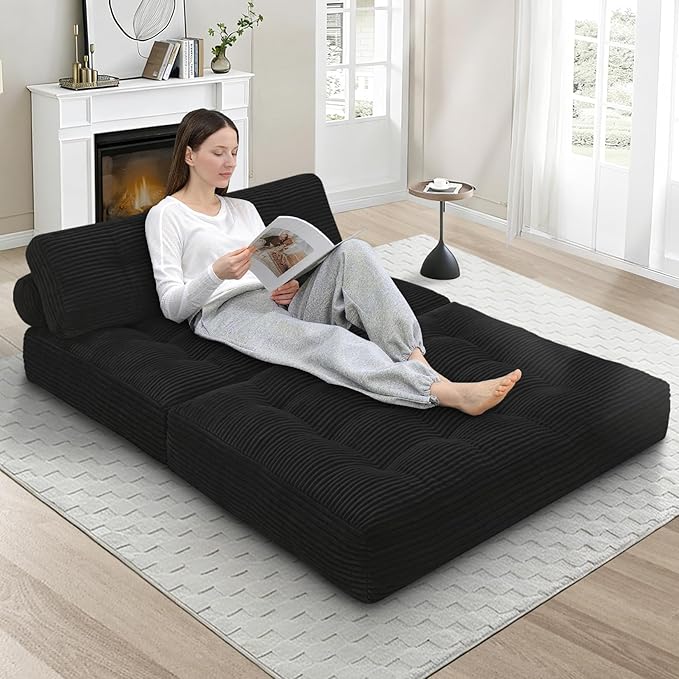 Folding Sofa Bed Convertible Sleeper Chair with Pillow &amp Handle Foldable Mattress Futon Chair Bed Lounge with Back Support Comfy Floor Sofa for Living Room Bedroom Black Full