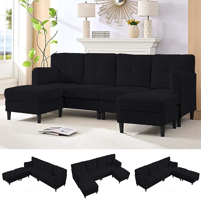 Mjkone Sectional Sofa Couch with Ottoman U Shape Sofa for Living Room Corduroy Convertrible Couches with Double Chaises 6 Seater Sofas for Living Room/Home Office/Guest (Black)