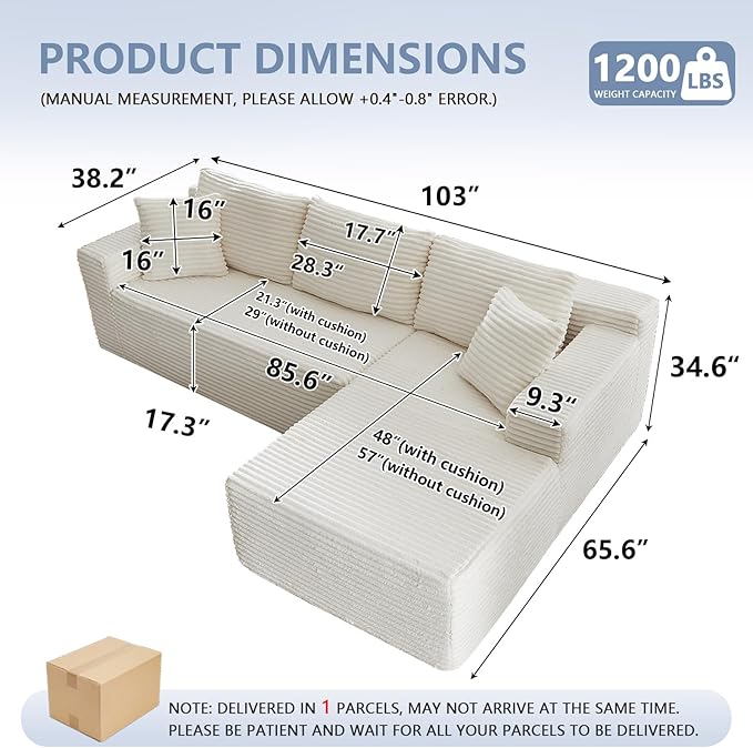 103 L-Shape Cloud Couch with Chaise Upholstered Corduroy Modular Sectional Sofa Deep Seat Couch with Free Combination for Living Room &amp ApartmentNo Assembly Required(WhiteRight Facing Chaise)