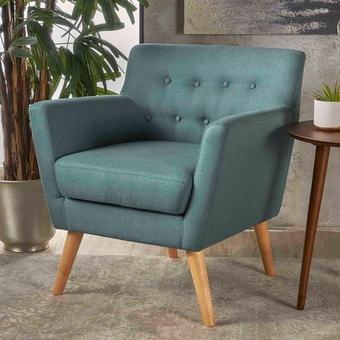 ChairArmchair ReclinerModern Club Chair Upholstered Fabric Accent Chair with Button-Tufted Backrest and Tapered Birch Wood Legs Ideal for Living Room (Teal + Fabric)