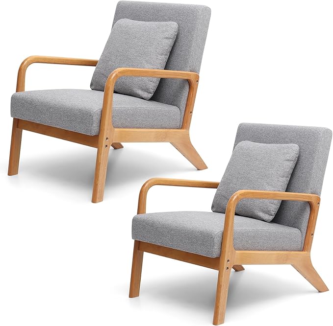 ELUCHANG Mid-Century Modern Accent Chair with Lumbar PillowUpholstered ArmchairLinen Fabric Comfy Reading Chair Lounge Side Chair for Living Room Bedroom ApartmentEasy Assembly(Grey2pcs)
