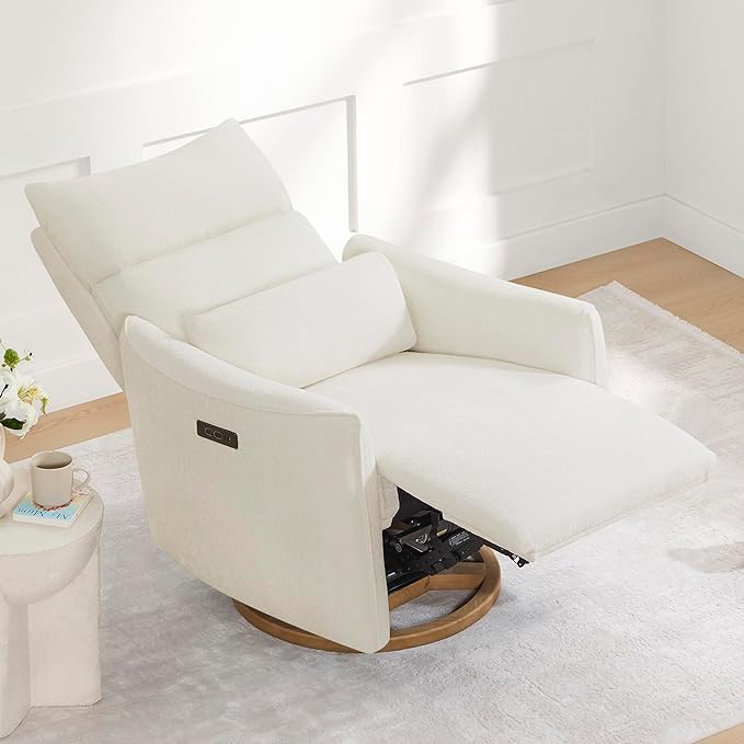 CHITA Swivel Rocker Recliner Chair Power Nursery Glider Recliner Nursery Rocking Chair with Adjustable Power Headrest FSC Certified Solid Wood Base Cream