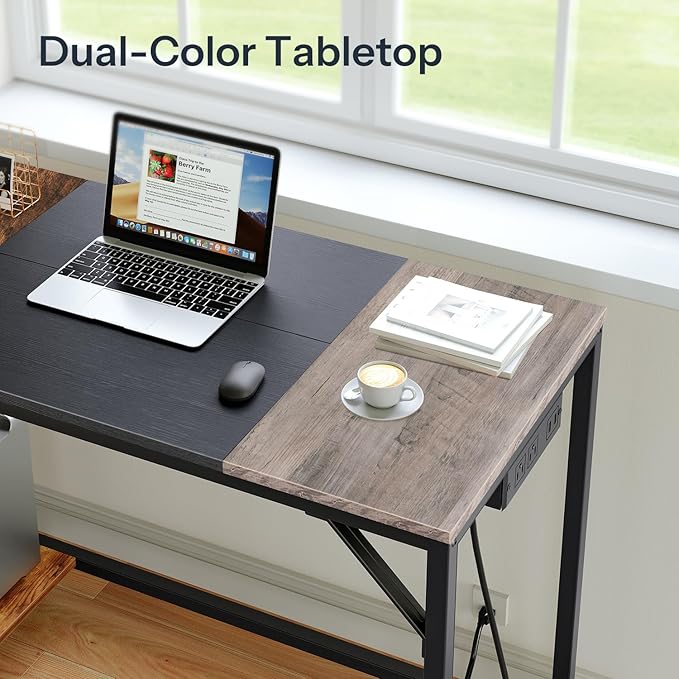 HOOBRO Computer Desk Home Office Desk with Power Outlet Writing Desk with 2 Shelves Modern Small Desk for Home Office Study Easy to Assemble Charcoal Gray and Black BG43UDN01