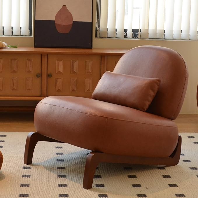 HAZO Cute Accent Chair with Solid Wood Legs Velvet Living Room Chair with Soft Cushion Cozy Bedroom Chair Comfy Armless Reading Chair for Apartment Waiting Room Balcony (Brown Leather)