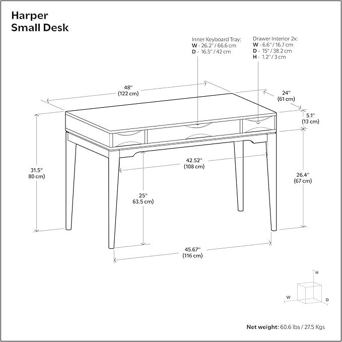 SIMPLIHOME Harper Small Desk - 48 inch Wide Solid Hardwood Writing Desk in Black Mid-Century Modern Home Office Table for Study or Work with 2 Drawers and Flip-Down Keyboard Tray