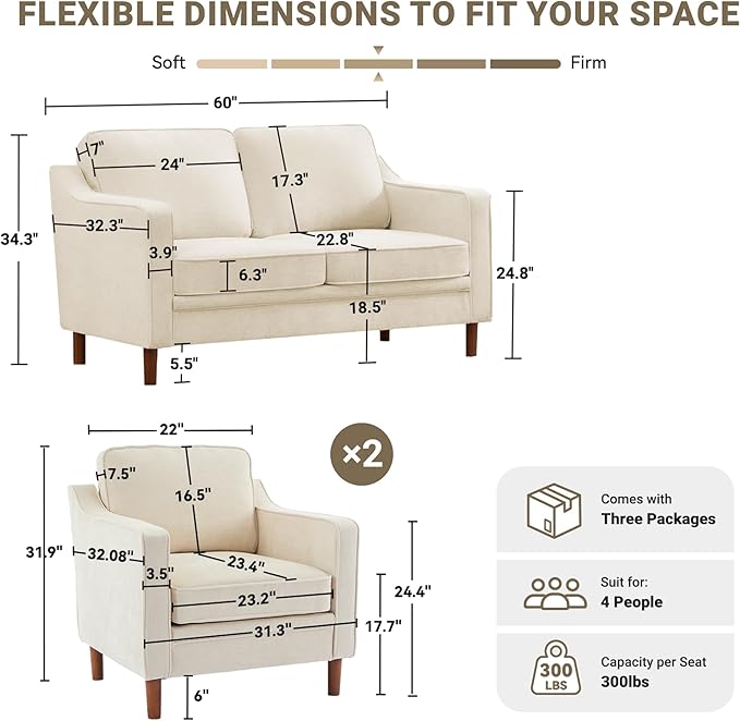Kingfun Living Room Furniture Sets 2 Armchair and Loveseat Mid Century Modern Sofa Set Chenille Couch with Solid Wood Frame for Living Room &amp Bedroom Beige