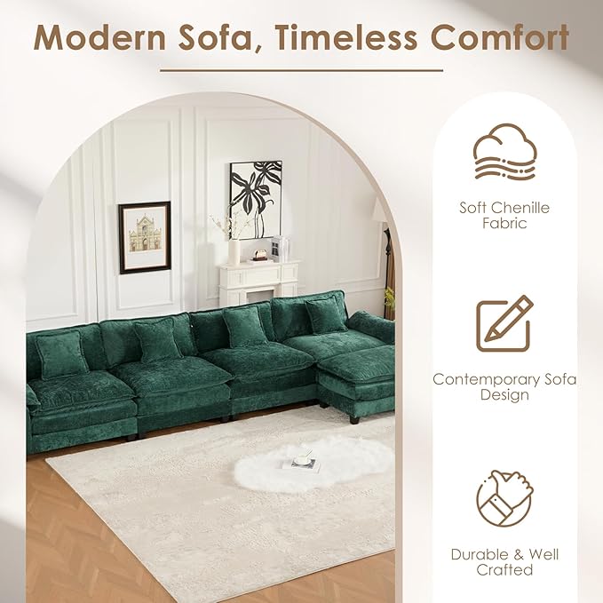 152.8 Modern Chenille Modular Cloud Sofa 4 Seater L Shaped Couch with Spring Cushions Featuring Deep Seats and Pillows Easy Assembly Comfy Large Sectional Couches for Living Room Green