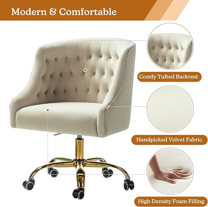 Velvet Home Office Chair with Gold Base Comfortable Modern Cute Desk Chair Adjustable Swivel Task Chair for Living Room Bedroom Vanity Study Tan