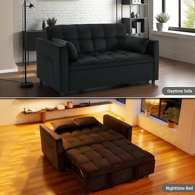 54 Convertible 3 in 1 Sofa Bed | Pull Out Sleeper Couch for Living Room | Foldable Loveseat Sleeper Sofa Bed | Space Saving Design for Apartment and Bedroom (Black)