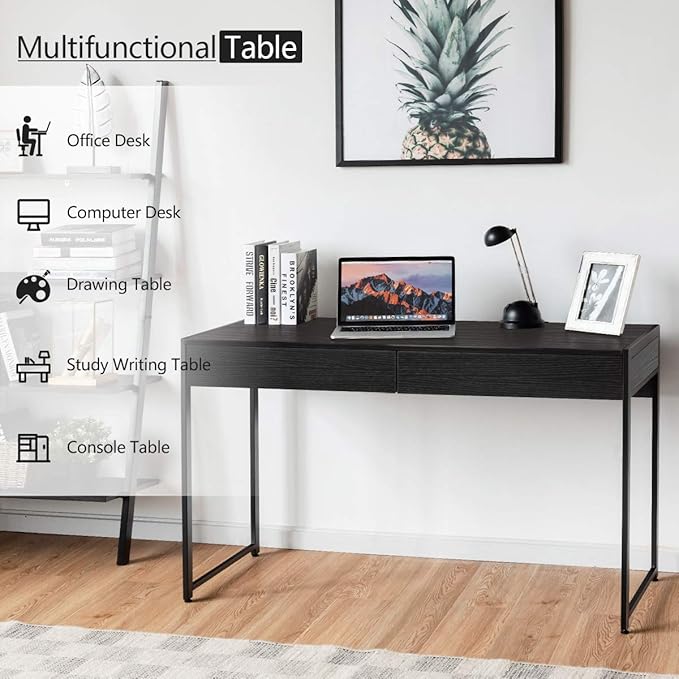 ERGOMASTER Home Office Desk with Drawers Black Modern Wood Desk Laptop Writing Computer Room Work Table for Bedrooms (44) inch
