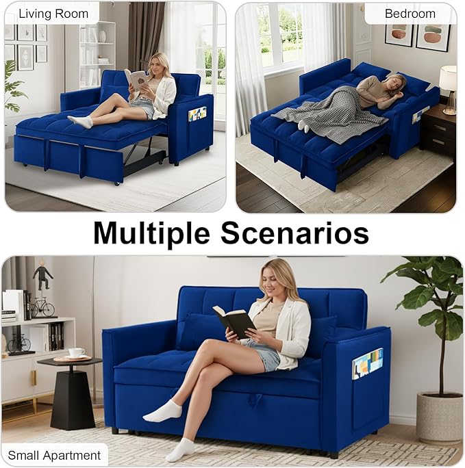 3 in 1 Convertible Sofa Bed Pull Out Couch with Adjustable Backrest Velvet Sleeper Sofa Loveseat with Pillows and Side Pockets for Living Room Bedroom Apartment Blue