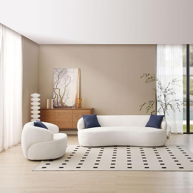JUSTONE Mid Century Modern Curved Living Room Sofa 3-Seat Boucle Fabric Couch for Bedroom Office Apartment Beige
