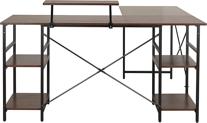 Techni Mobili Office Desk - Reversible L Shaped Desk with Storage Shelves Monitor Stand &amp Accessory Holder - Ergonomic &amp Industrial Workstation Corner Table with Durable Steel Frame Walnut