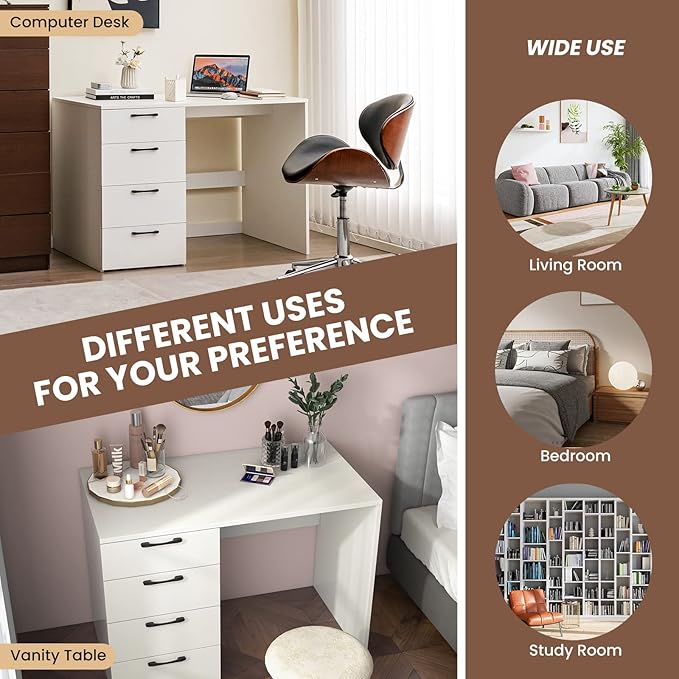 Giantex White Computer Desk with 4 Large Drawers Home Office Laptop PC Desk Writing Table Modern Computer Workstation for Bedroom Study Room
